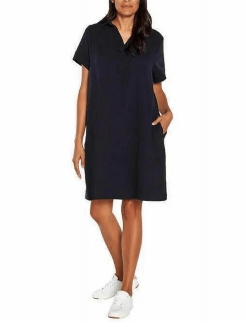Three Dots Oversized Crinkle Gauze Collared Polo Black Mini Dress Pockets XL